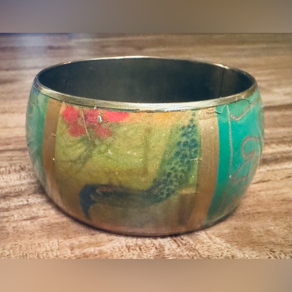 Artisan Teal and Gold Peacock Bangle Bracelet - Picture 2 of 4